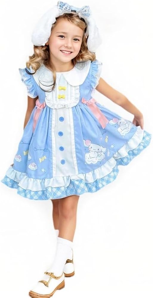 Girls Cute Anime Cartoon Print Cosplay Sky Blue Sweet Dress Ruffles Sleeve Dress with Headband