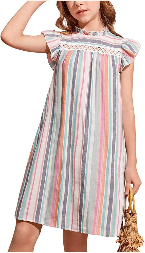 Floerns Girl's Striped Print Ruffle Trim Sleeve Mock Neck Summer Swing Shift Dress