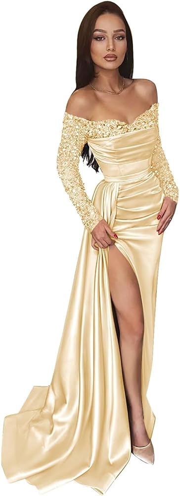 BONOYUER Long Sleeve Prom Dresses for Women Mermaid Off The Shoulder Satin Formal Evening Dress with Slit