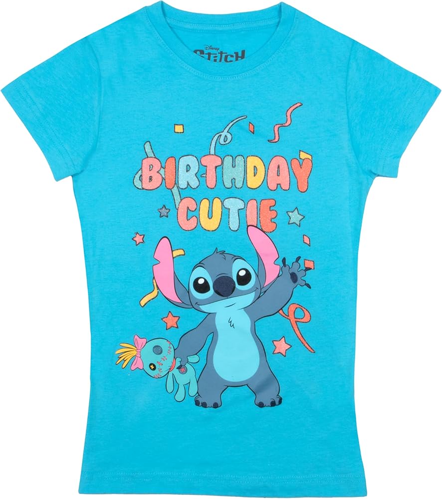 Disney Princesses Minnie Mouse Lilo & Stitch Birthday Girl Short Sleeve T-Shirt, Girls Short Sleeve Tee for Birthday Parties