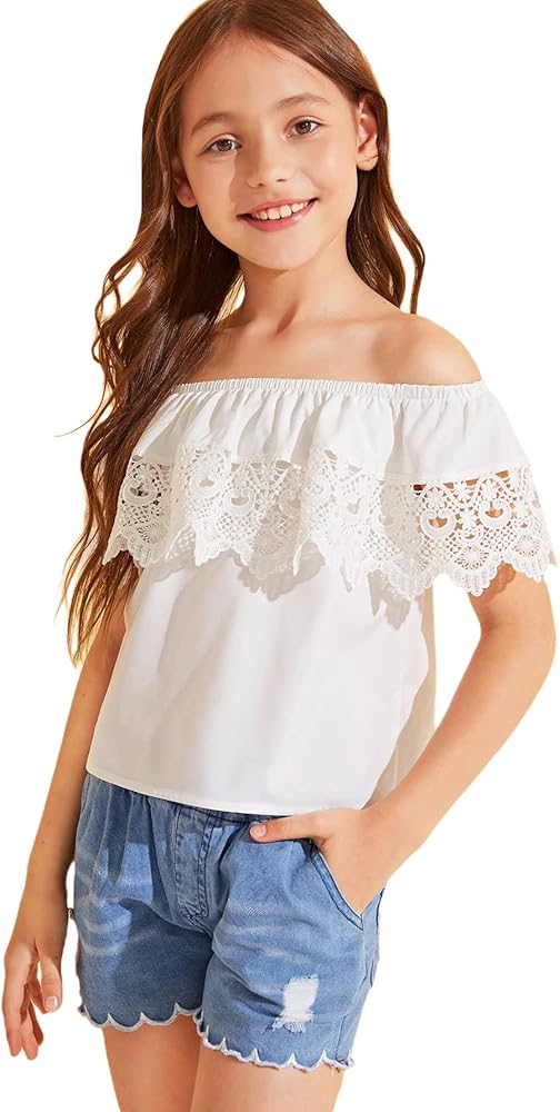 WDIRARA Girl's Off The Shoulder Ruffle Trim Lace Short Sleeve Blouse Top