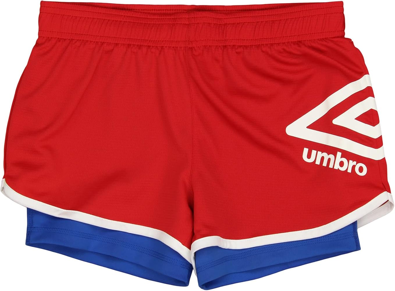 Umbro Girl's Youth (4-14) 2 in 1 Mesh Knit Soccer Training Shorts, Vermillion/TW Royal