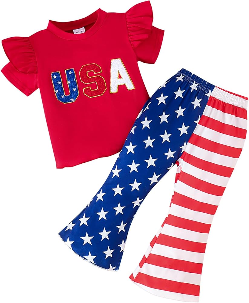 4th of July Ruffle Short Sleeve T Shirt Top Bell Bottom Outfit Sets Star Stripe Flare Pants Kids Summer Clothes