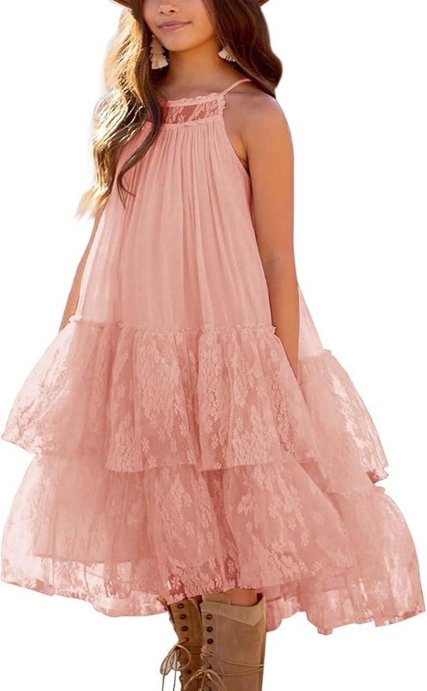 Batermoon Girls Lace Backless Tulle Dress Halter Neck Boho Flower Girl Sleeveless Ruffle Swing Party Dress