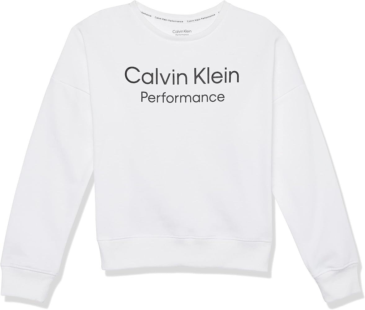 Calvin Klein Girls' Performance Sweatshirt, Crew Neck Pullover with Logo Design, Tagless Interior