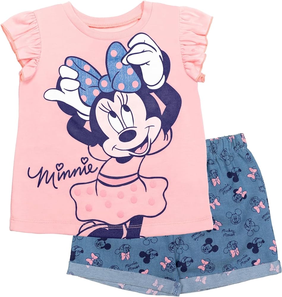 Disney Minnie Mouse Rainbow Floral July 4th T-Shirt and Twill Shorts Outfit Set Infant to Big Kid Sizes (12 Months - 14-16)