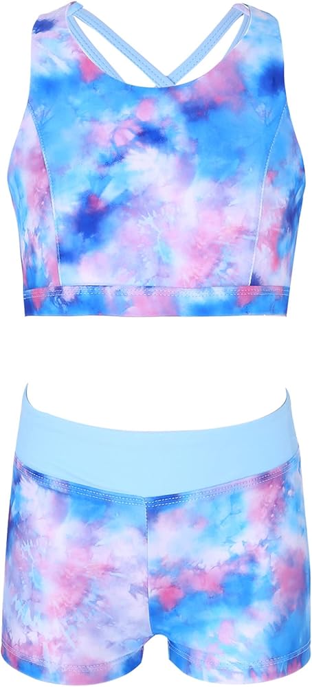 Kids Girls 2 Piece Gymnastics Dance Athletic Set Crop Tops with Booty Shorts Activewear Swimwear