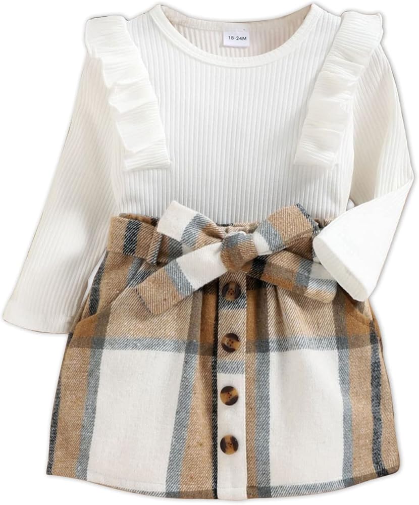 PATPAT Toddler Baby Girl 2 Piece Outfit Cute Ruffled Ribbed Long-sleeve Shirt and Plaid Button Pleated Skirt Set