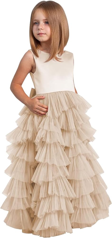 MCieloLuna Flower Girl Dresses for Wedding Bow-Knot Multilayer Puffy Tulle Pageant Princess First Communion Dresses