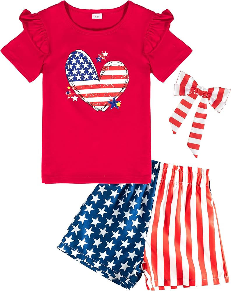 Toddler 4th Of July Outfit Girl Cute Ruffle Red Top Star Stripe Shorts Patriot Set