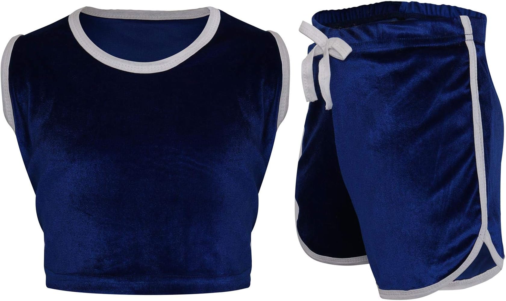 Kids Girls Shorts Set Contrast Taped Royal Blue Velour Crop Top & Hot Short 5-13