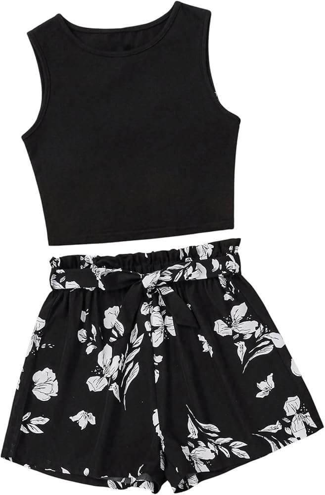 Verdusa Girl's Two Piece Summer Outfit Round Neck Tank and Floral Wide Leg Belted Shorts Set