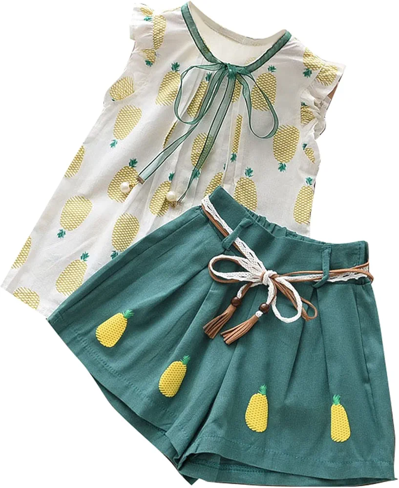 Summer Girls Pineapple Print Small Flying Sleeve Shirt Solid Color Lace Up Shorts Two Piece Set Floral Romper Pant (Green, 4-5 Years)