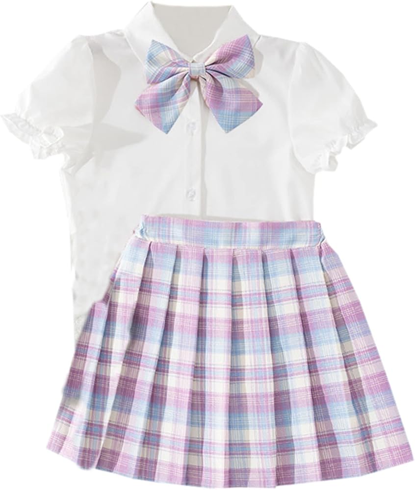 Betusline Kids Girls School Uniform JK Skirt Outfit, Cute Short Sleeve and Pleated skirt, 5-14 Years