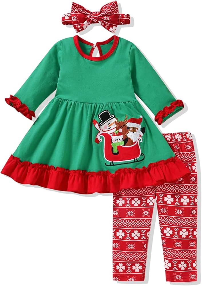 HINTINA Toddler Girls Christmas Outfits Little Girl Tunic Top Pants Xmas Clothes Set