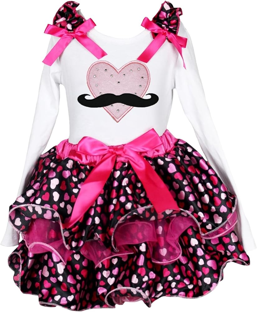 Valentine Dress Mustache Pink Heart L/s Shirt Hearts Petal Skirt Set 1-8y