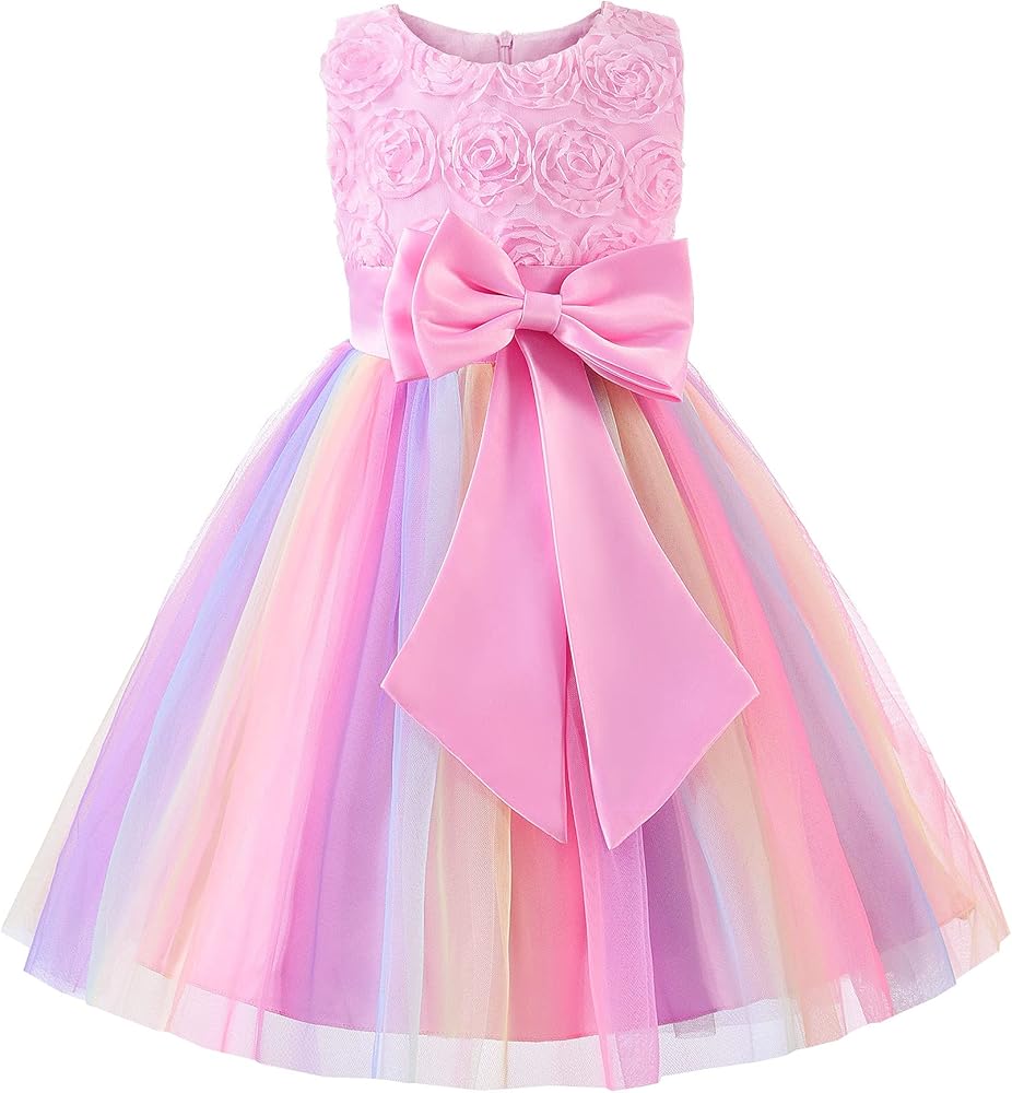 Uhnice Little Girl's Sleeveless Tulle 3D Flower Rainbow Dress for Wedding Party