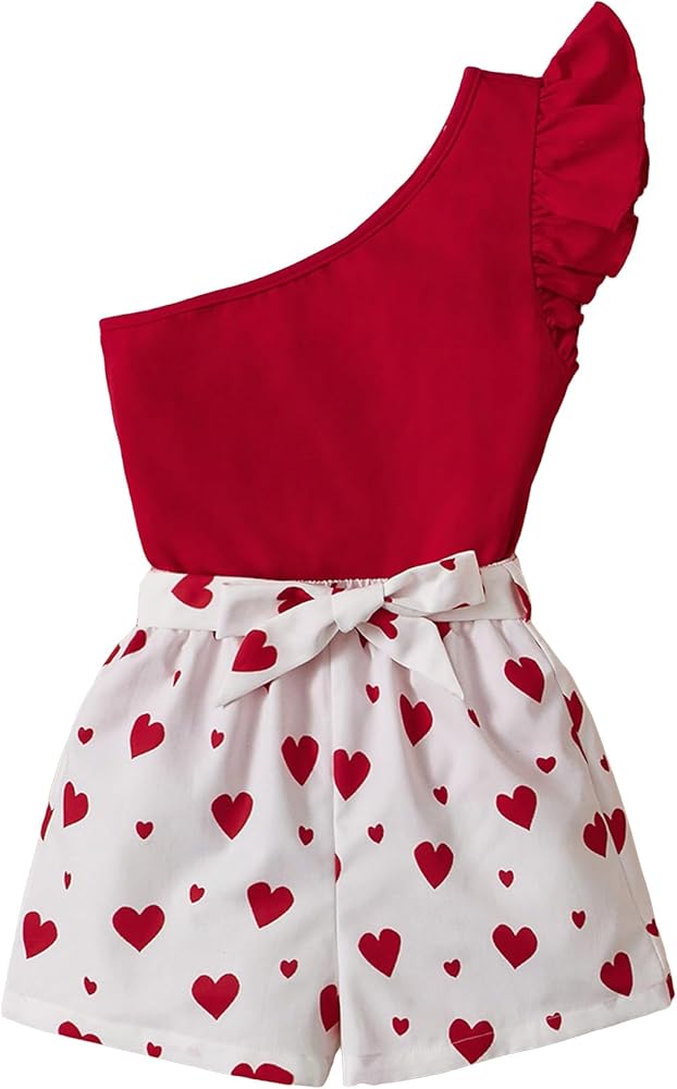 OYOANGLE Girl's 2 Piece Outfits One Shoulder Ruffle Trim Top and Heart Print Belted Shorts Set