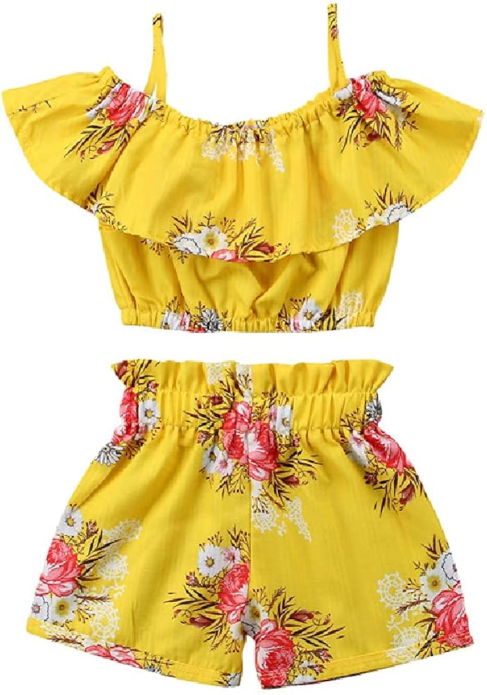 Quenny summer girls' suits,girl's one-shoulder wooden ears floral shorts two-piece suits.