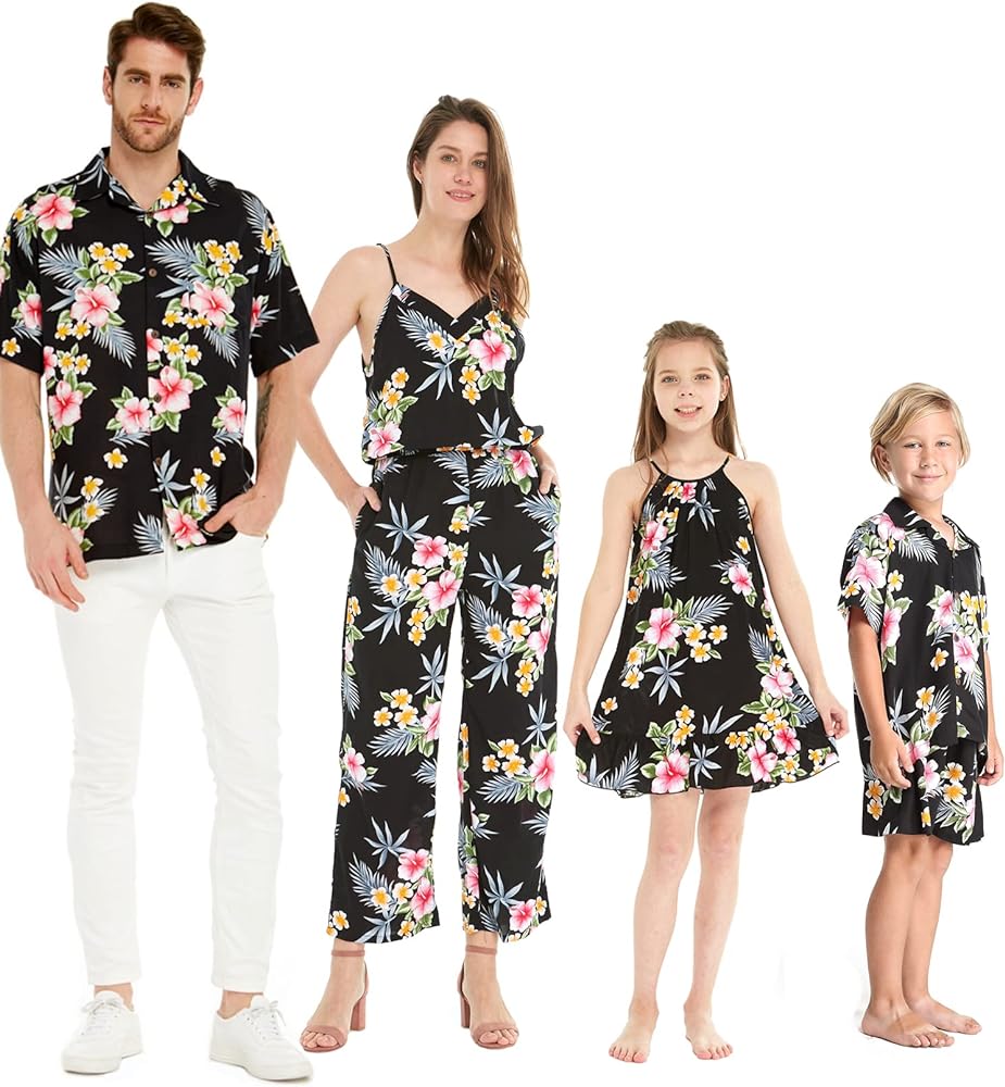 Matchable Family Hawaiian Luau Men Women Girl Boy Clothes in Hibiscus Black