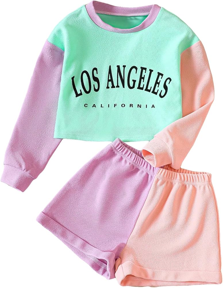 WDIRARA Girl's 2 Piece Outfit Letter Print Color Block Round Neck Long Sleeve Sweatshirt and Shorts Set