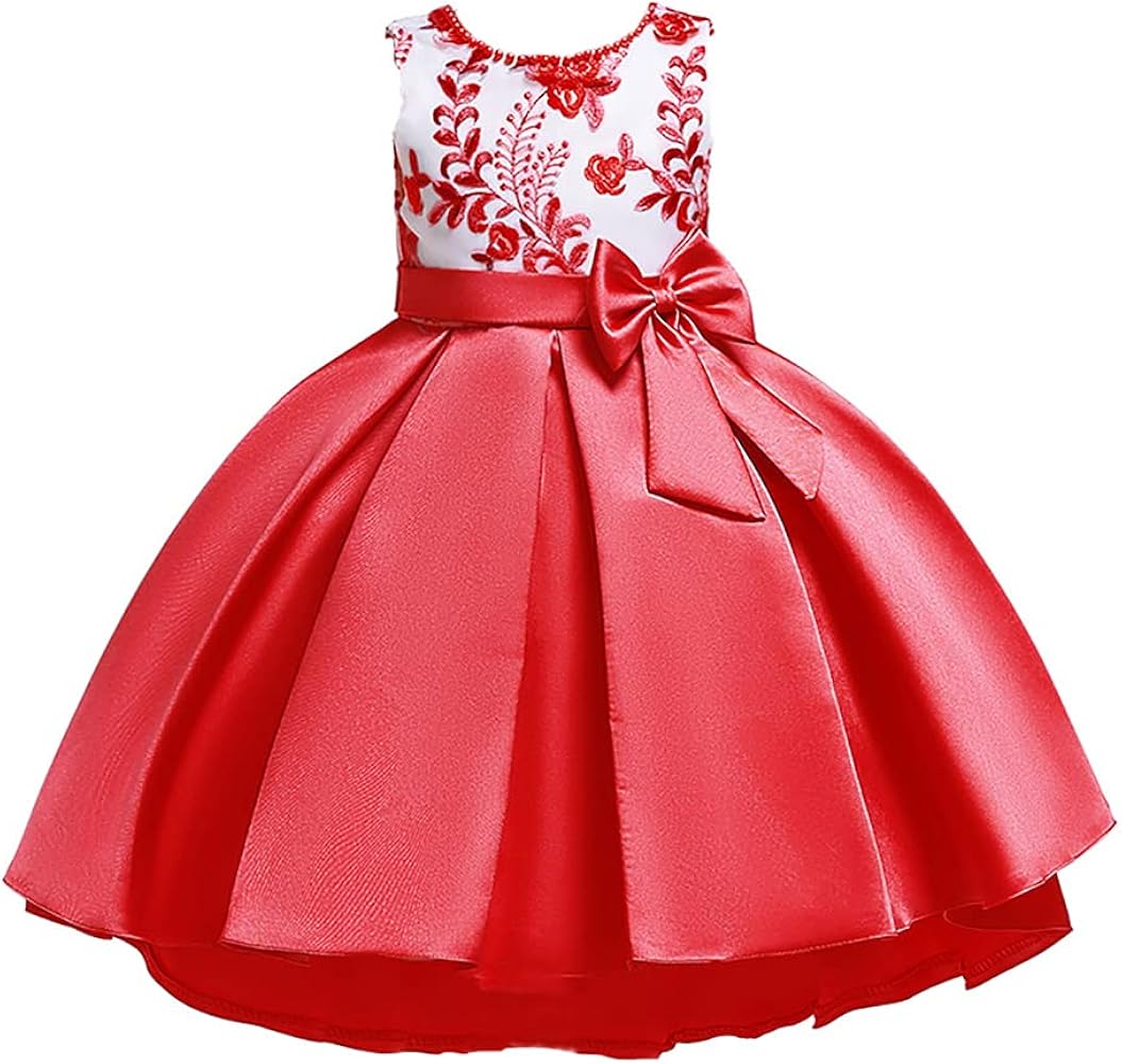 Bowknot Flower Girls Dress Beaded Embroidery Princess Dress Formal Evening Party Dress Prom Gowns Age 3-10 Years