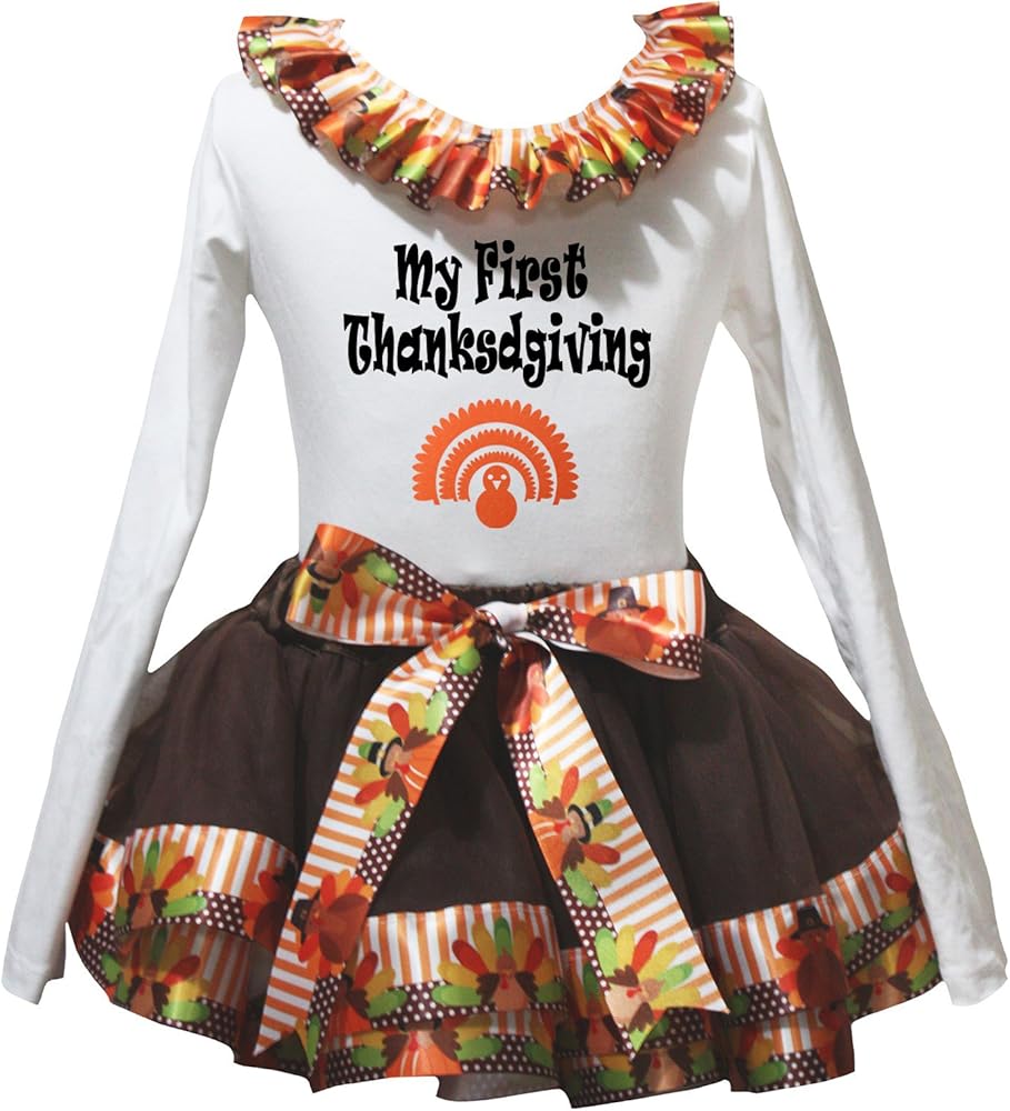 Petitebella My First Thanksgiving White L/S Shirt Brown Turkey Petal Skirt Nb-8y