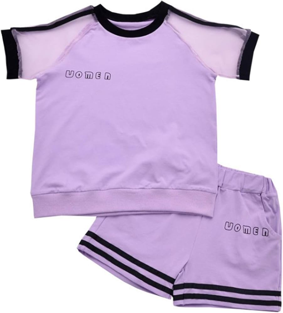 Yeahdor Kids Girls Sports Outfits Mesh Patchwork T-Shirts and Elastic Waistband Shorts Athletic Casual Clothes