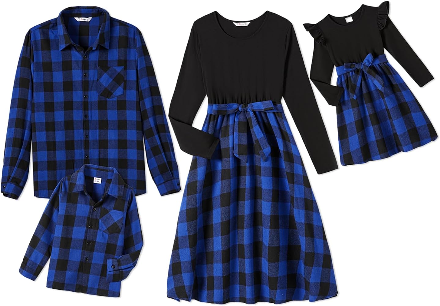 PATPAT Family Matching Outfits Mommy and Me Dresses Matching Set Long Sleeve Plaid Midi Dress and Casual Button Down Shirts