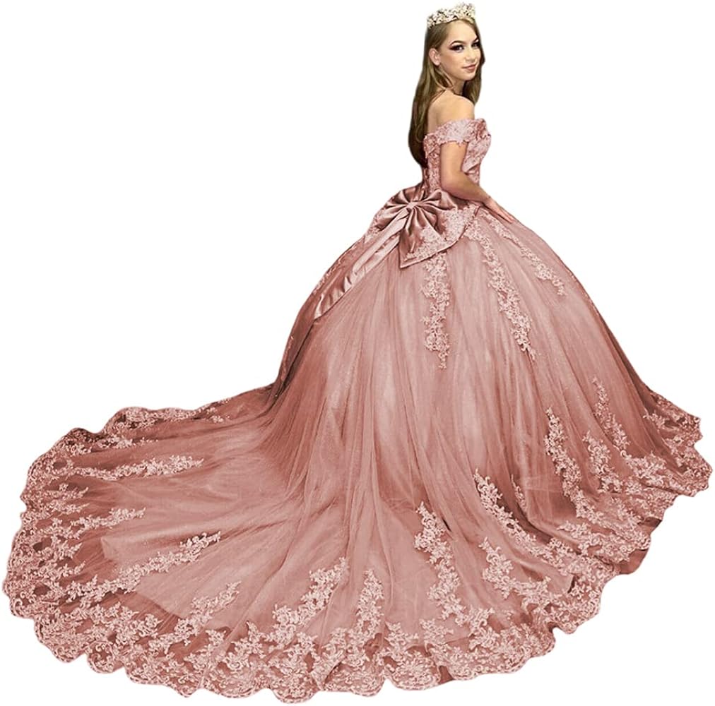 Princess Sweet 16 Gowns for Women Off Shoulder Lace Quinceanera Dresses with Train