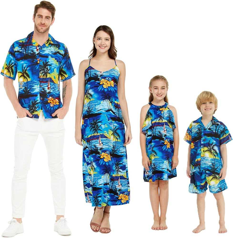 Matchable Family Hawaiian Luau Men Women Girl Boy Clothes in Sunset Blue