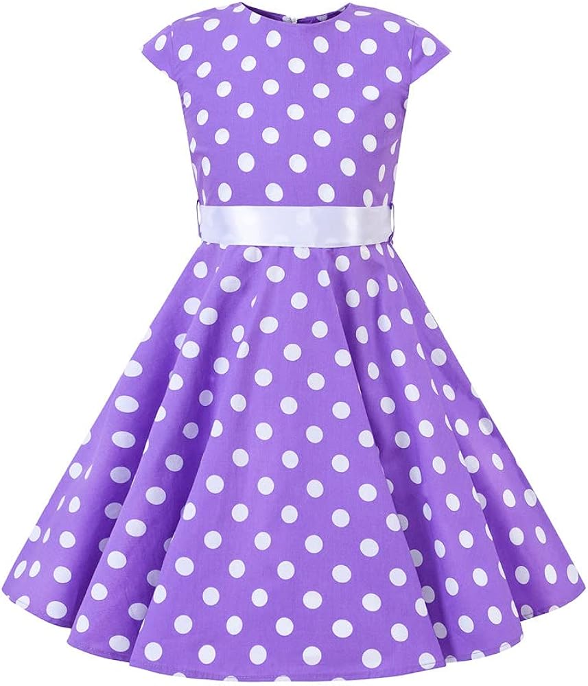 Girls Vintage Polka Dot Dress 1950s Retro Rockabilly Audrey Hepburn Dress for Toddler Kids Summer Cap Sleeveless Casual Birthday Wedding Party Prom A Line Swing Sundress with Belt Purple 11-12 Years