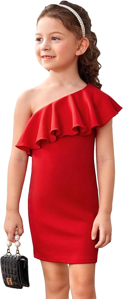 WDIRARA Toddler Girl's One Shoulder Ruffle Trim Flounce Sleeve Pencil Party Birthday Dress