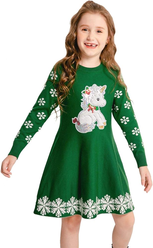 SMILING PINKER Girls Christmas Dress Unicorn Snowflake Crew Neck Long Sleeve Winter Sweater