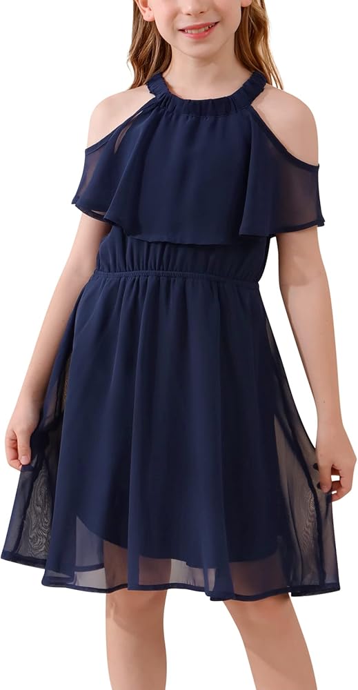 GORLYA Girls Halter Neck Summer Boho Overlay Cape Sleeve Casual Flowy Chiffon Midi Dress for 4-14T(GOR1158,8Y,Navy)