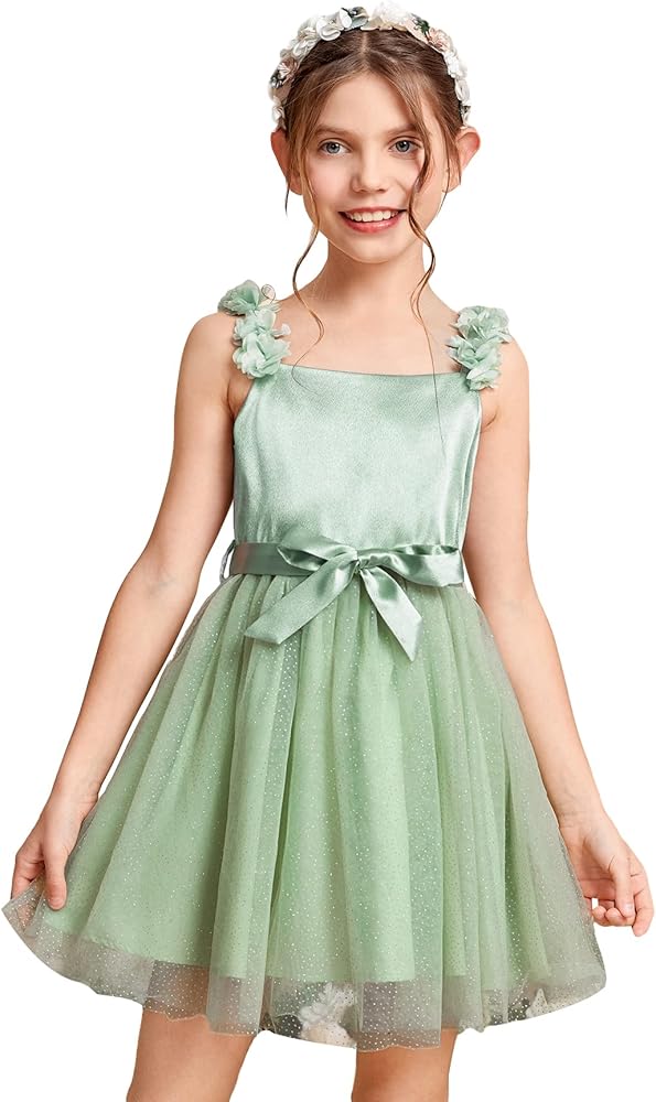 WDIRARA Girl's Floral Shoulder Contrast Mesh Flared Hem Sleeveless High Waist Belted Cami Dress