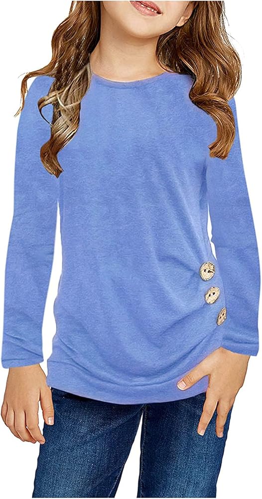 Girls Blouse Casual Tunic Tops Knot Front Button Long Sleeve Casual Loose Solid T-Shirt Tee Teen Girls Fall Clothes, Sky Blue-b, 8-9 Years