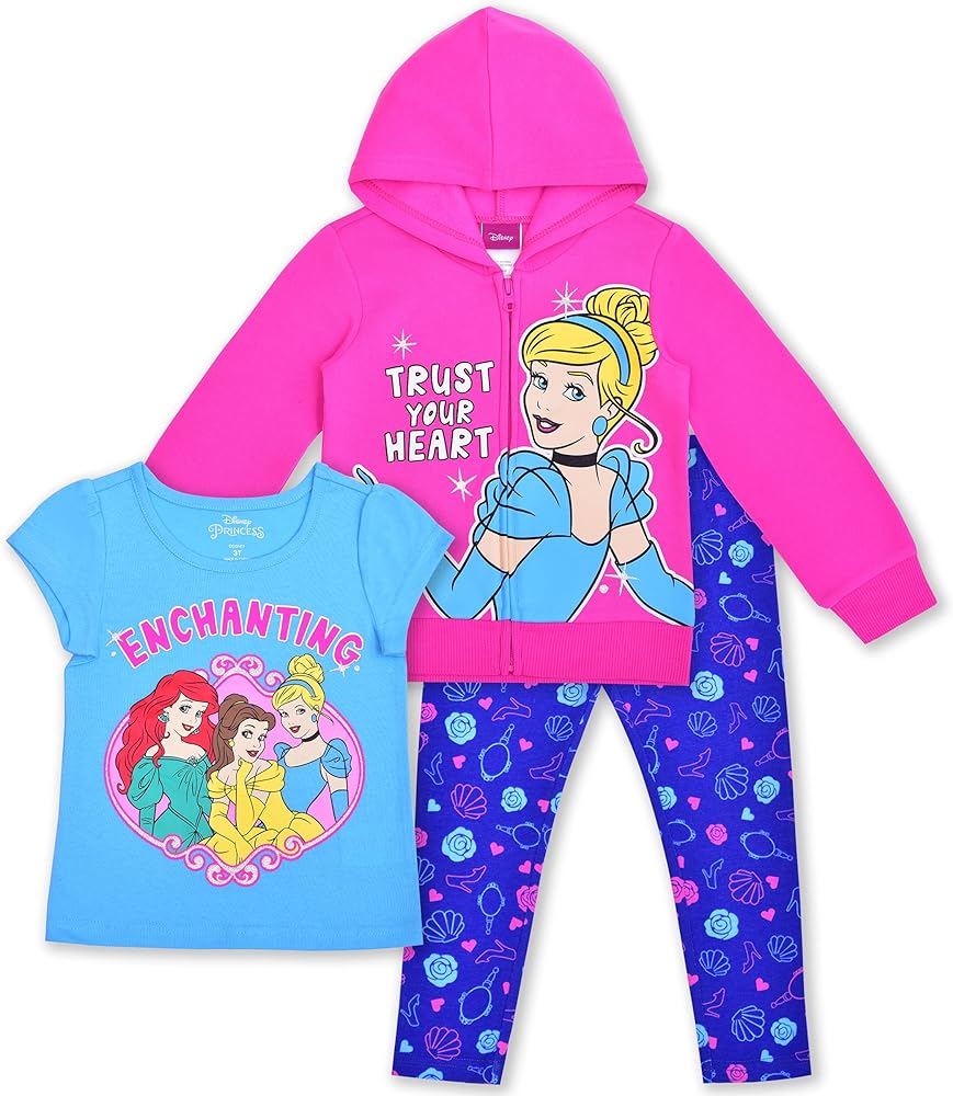 Disney Princess Girls’ Zip Up Hoodie, T-Shirt and Leggings Set for Toddler and Little Kids – Pink/Blue