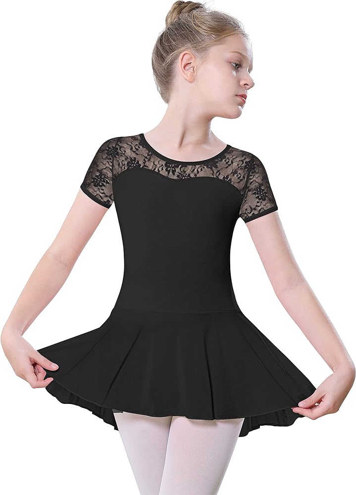 Girls Dance Ballet Leotard with Skirt,Big Girls Lace Sleeves Ballerina Dancewear