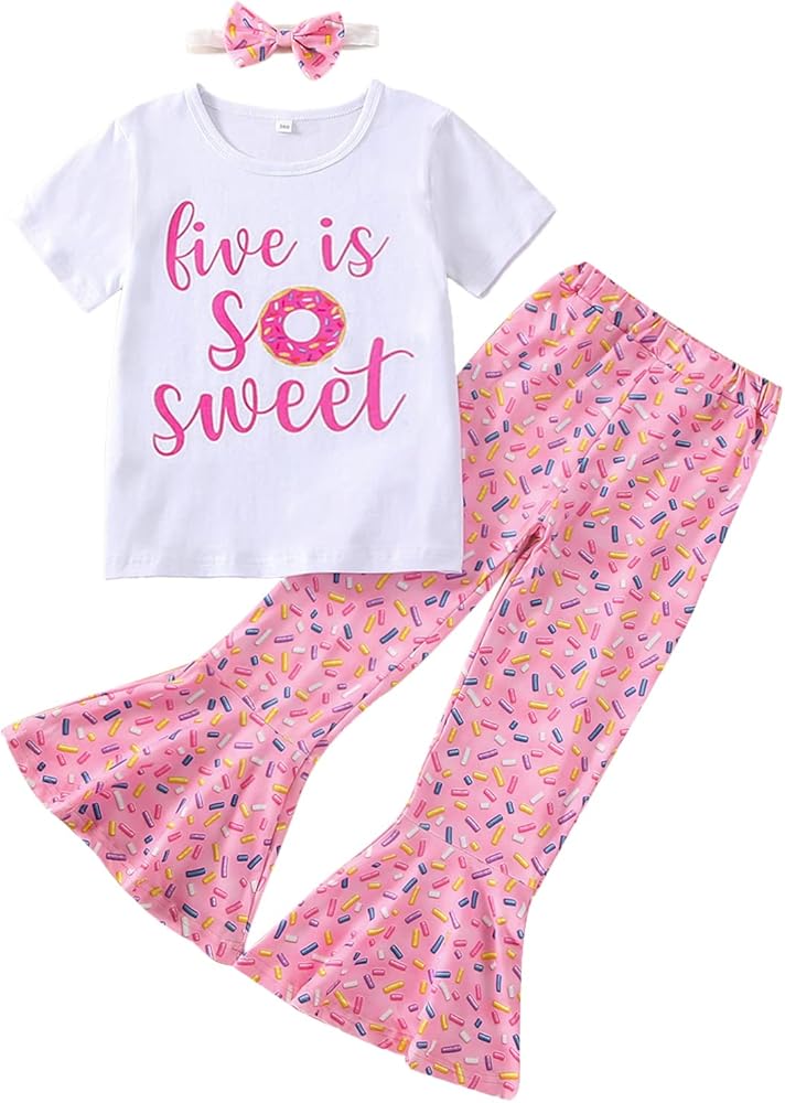 FIOMVA Toddler Baby Girl Birthday Outfit Sweet One Letter Bodysut+Bell Bottom Pants+Headband Set Birthday Clothes 3Pcs