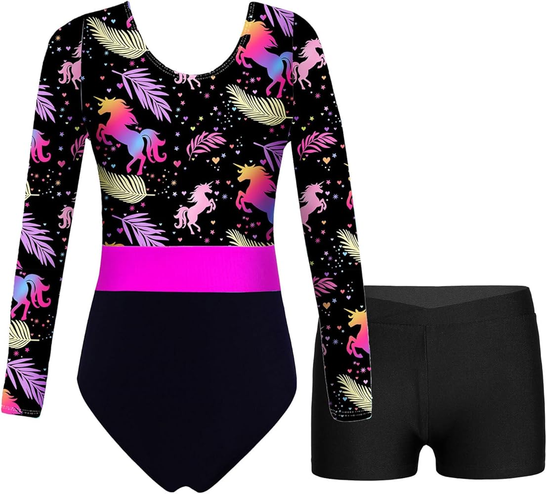 Kids Girls One-Piece Colorful Ballet Dance Gymnastics Leotards with Matching Shorts Athletic Activewear