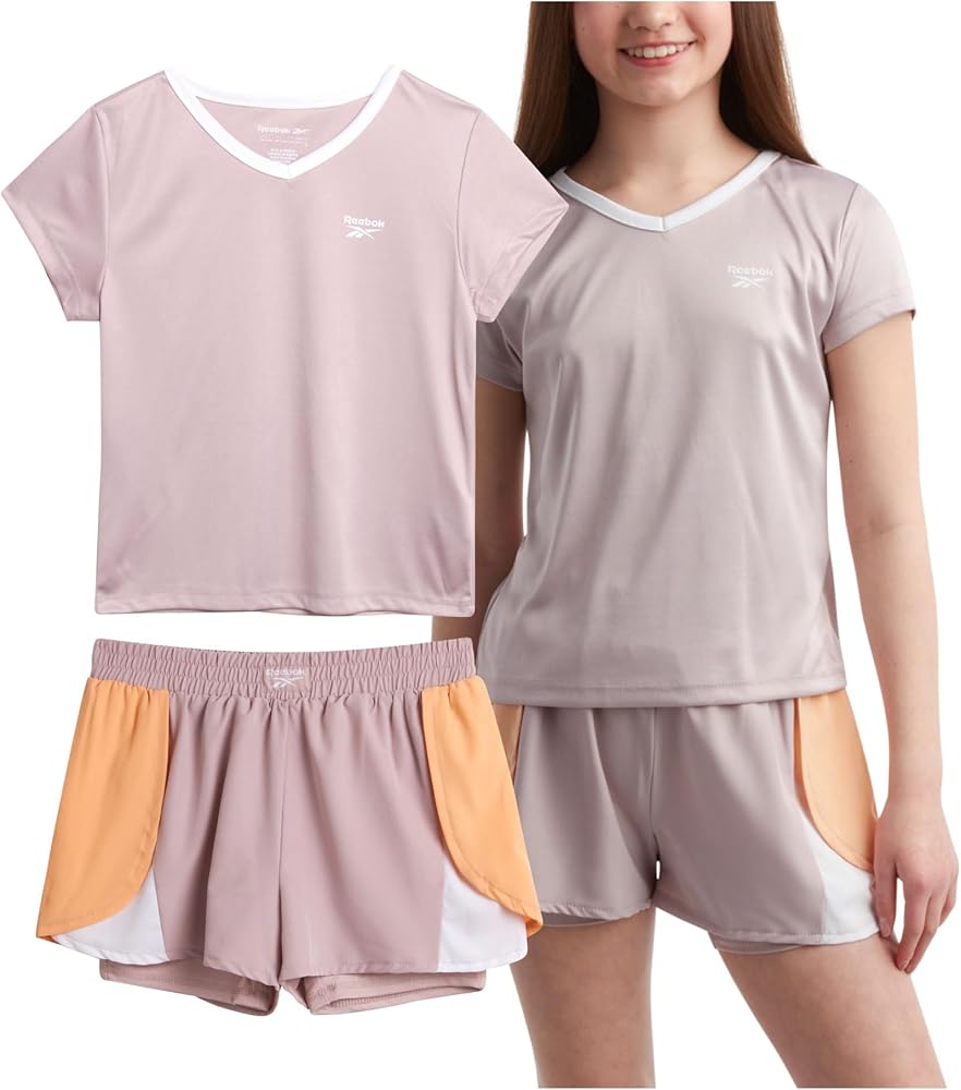 Reebok Girls' Active Shorts Set - 2 Piece Performance T-Shirt and Athletic Gym Shorts - Active Summer Outfit for Girls (8-12)