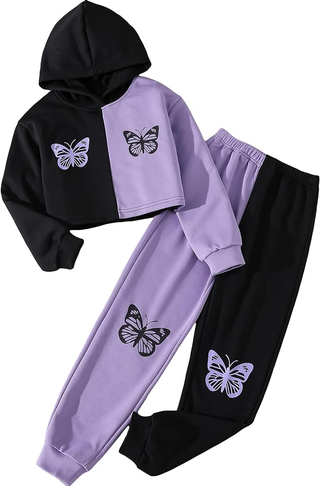 WDIRARA Girl's 2 Piece Outfit Colorblock Butterfly Print Drop Shoulder Hoodie and Sweatpants Set