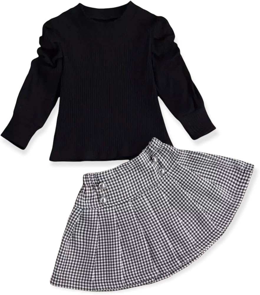 Toddler Girl Baby Clothes Sets Long Sleeve Top and Beautiful Pleated Checks Skirt 1T-5T