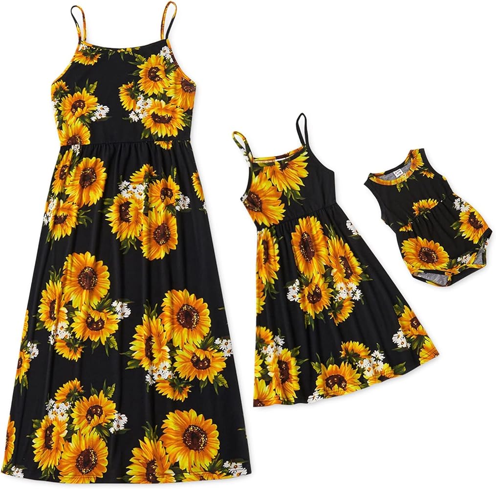 PATPAT Plus Size Mommy and Me Dresses Sunflower Print Spaghetti Strap Casual Sleeveless Mom Daughter Matching Outfits