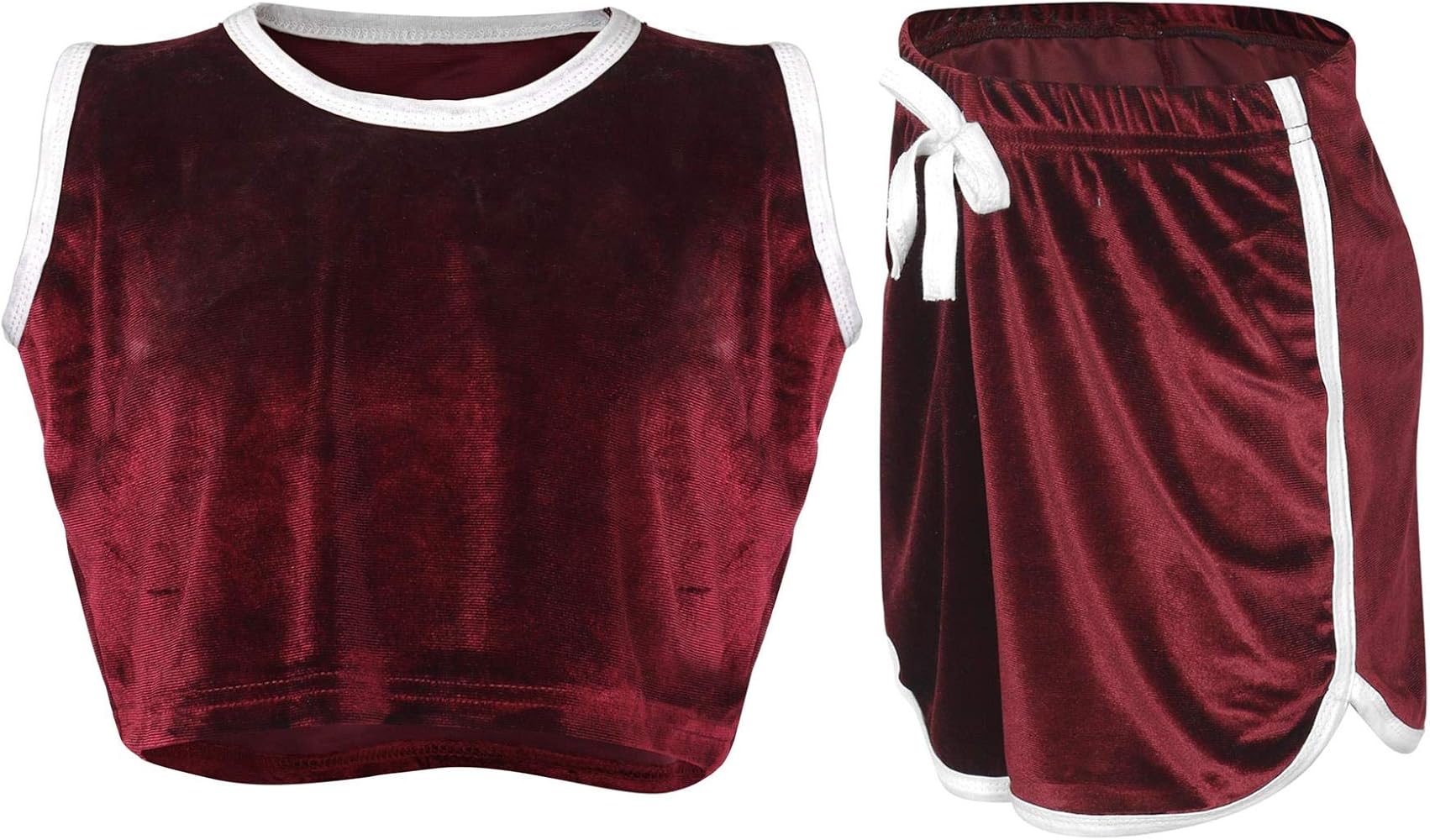 Kids Girls Shorts Set Contrast Taped Wine Velour Crop Top & Hot Shorts 5-13 Year