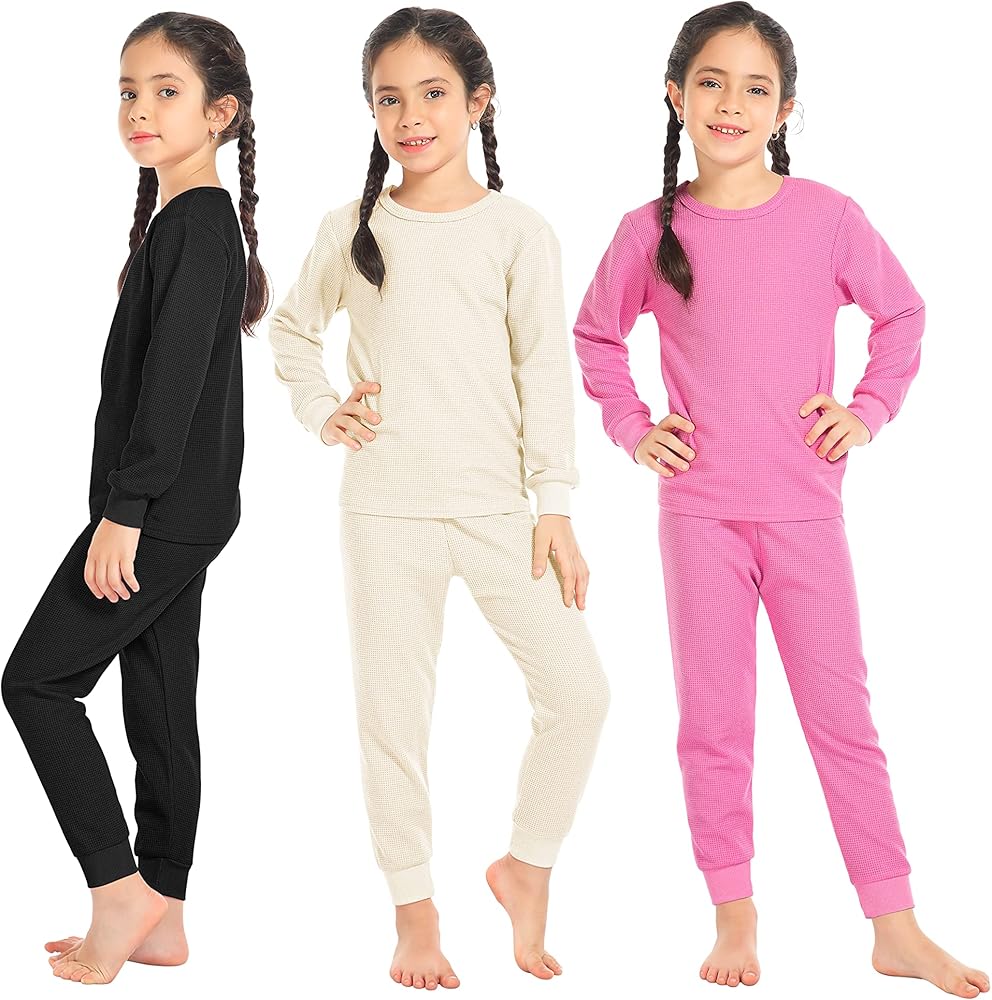 Resinta 3 Sets Girls Waffle Thermal Underwear Set Winter Waffle Cotton Thermal Top and Bottom Long Johns Warm Base Layer