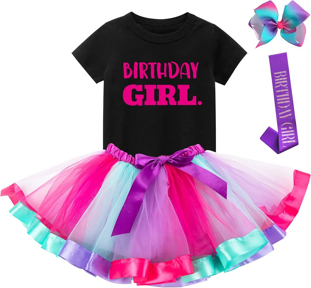 Cute Birthday Girl Outfit – Shirt, Tutu Skirt, Hair Bow, Satin Sash – Gifts for Girls Birthday Party