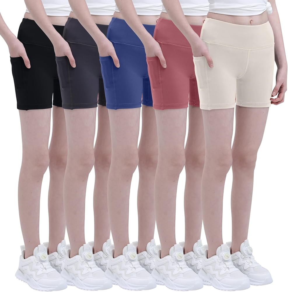 BRLIDO 5-Pack Youth Girls 5" Volleyball Bike Shorts- Kids Running Yoga Athletic Gymnastics Short with Pockets