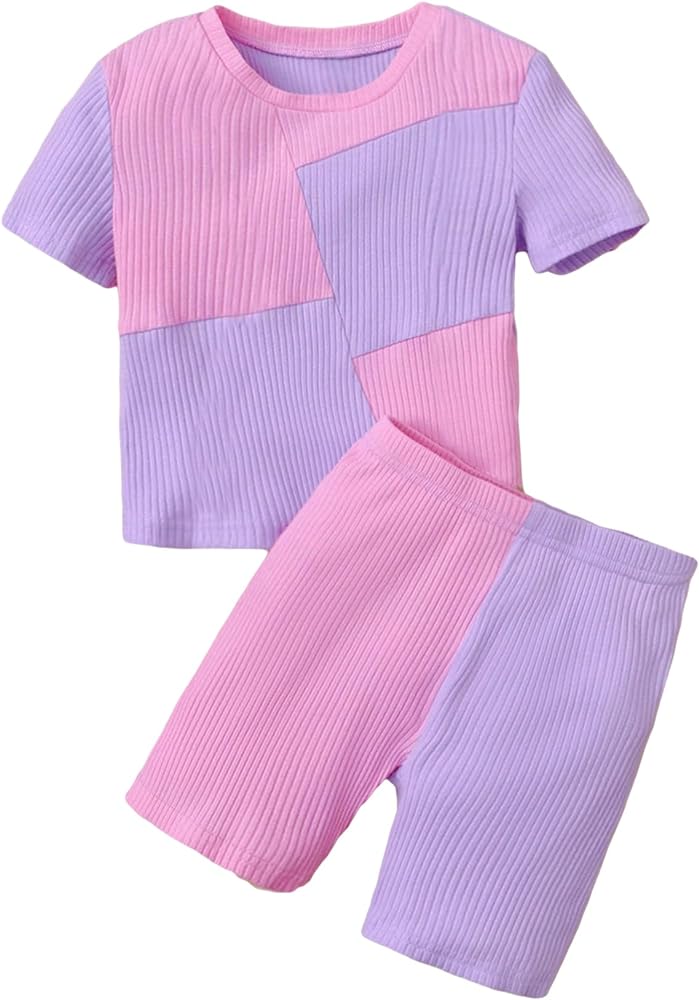 OYOANGLE Girl's 2 Piece Outfits Rib Knit Colorblock Short Sleeve Round Neck Tee Top and Shorts Set